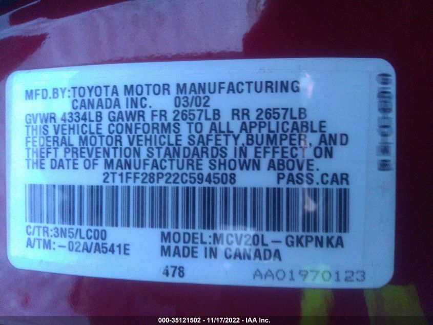 2T1FF28P22C594508 2002 Toyota Camry Solara Sle