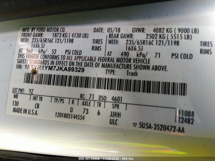 2018 Ford Transit-250 VIN: 1FTYR1YM7JKA99329 Lot: 35139662