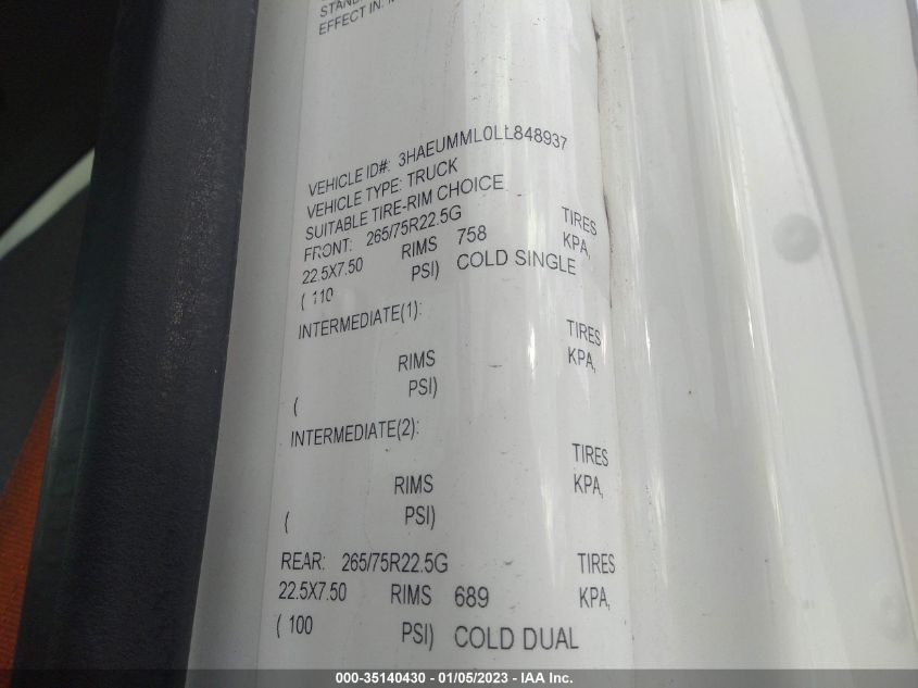 2020 International Mv607 VIN: 3HAEUMML0LL848937 Lot: 35140430