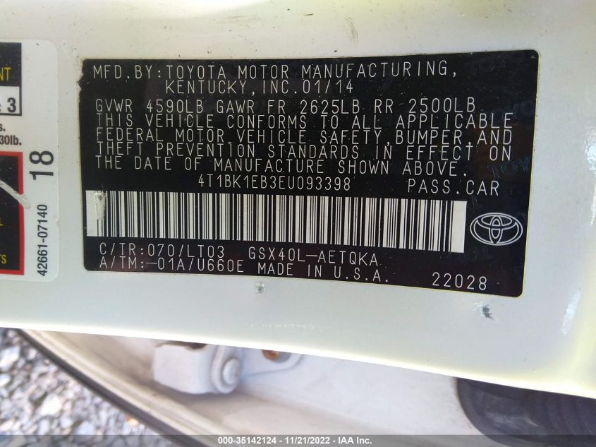 2014 Toyota Avalon Xle Touring VIN: 4T1BK1EB3EU093398 Lot: 35142124