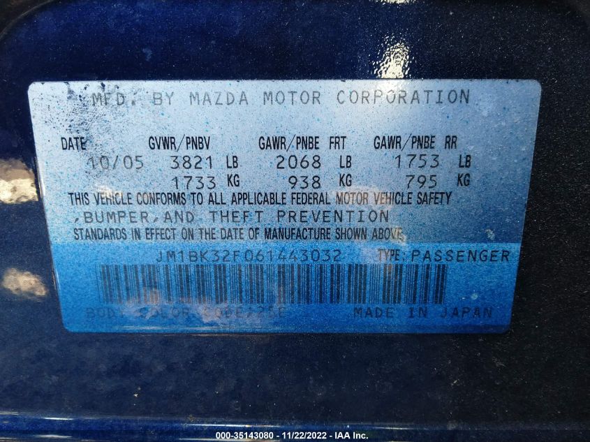 2006 Mazda Mazda3 I Touring VIN: JM1BK32F061443032 Lot: 35143080