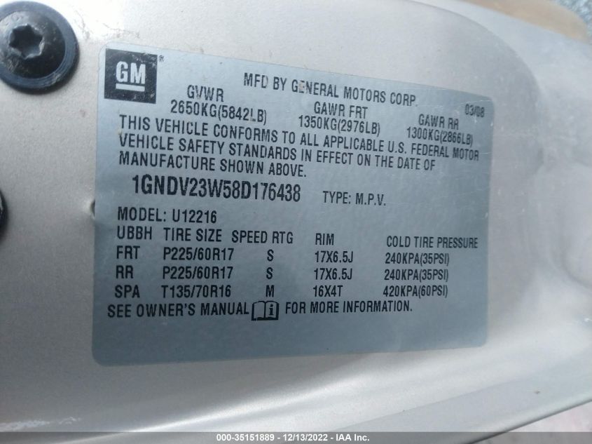 2008 Chevrolet Uplander Ls VIN: 1GNDV23W58D176438 Lot: 35151889