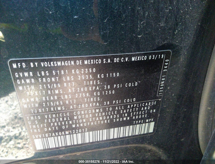 3VV1B7AX6KM122012