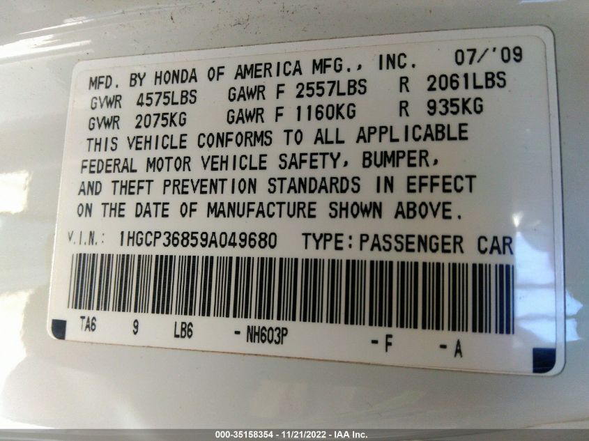 2009 Honda Accord 3.5 Ex-L VIN: 1HGCP36859A049680 Lot: 35158354