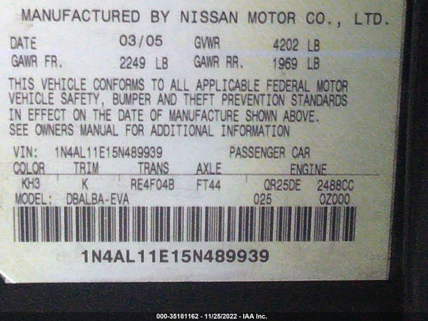 2005 Nissan Altima 2.5 S VIN: 1N4AL11E15N489939 Lot: 35181162