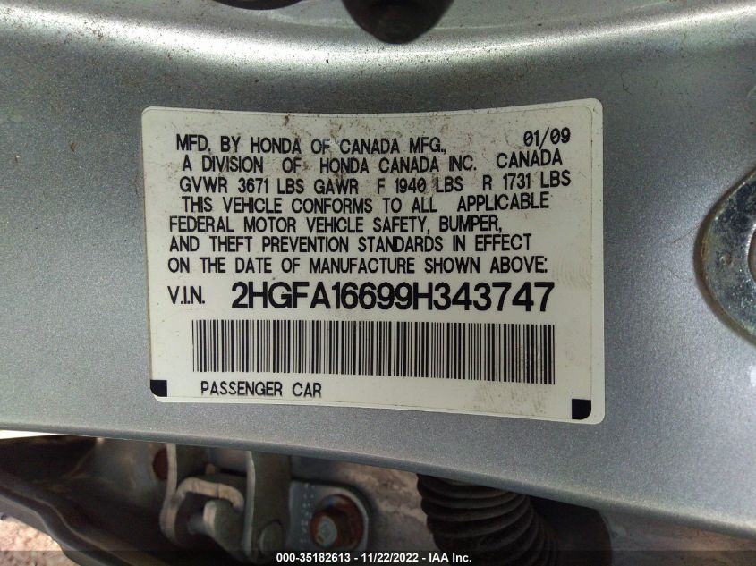 2HGFA16699H343747 2009 Honda Civic Lx-S