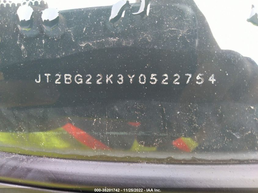 2000 Toyota Camry Le VIN: JT2BG22K3Y0522754 Lot: 35201742
