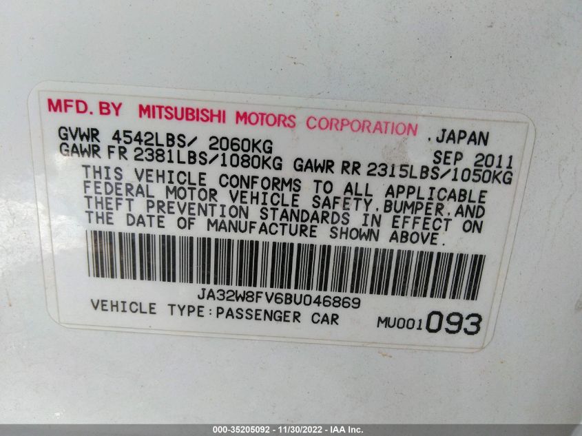 JA32W8FV6BU046869 2011 Mitsubishi Lancer Evolution Gsr