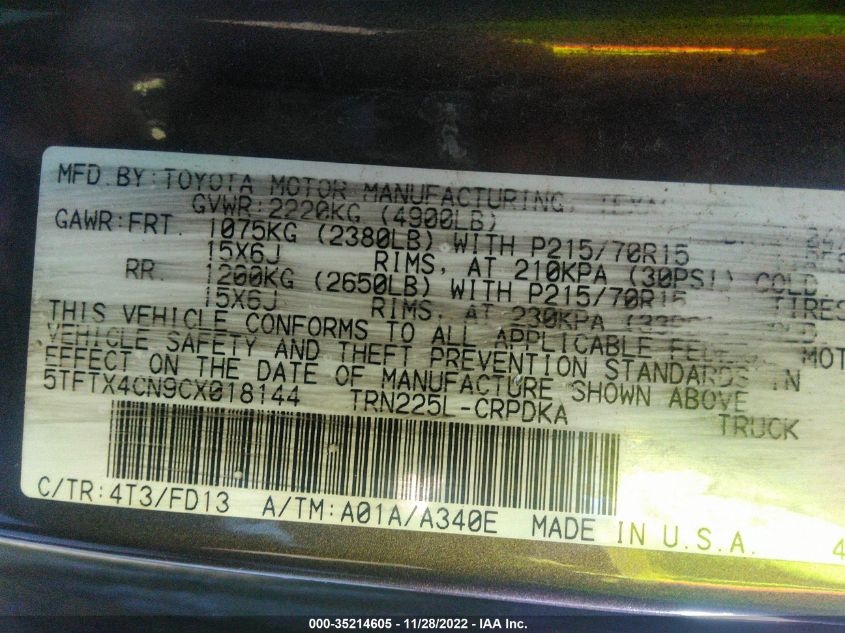 2012 Toyota Tacoma VIN: 5TFTX4CN9CX018144 Lot: 35214605