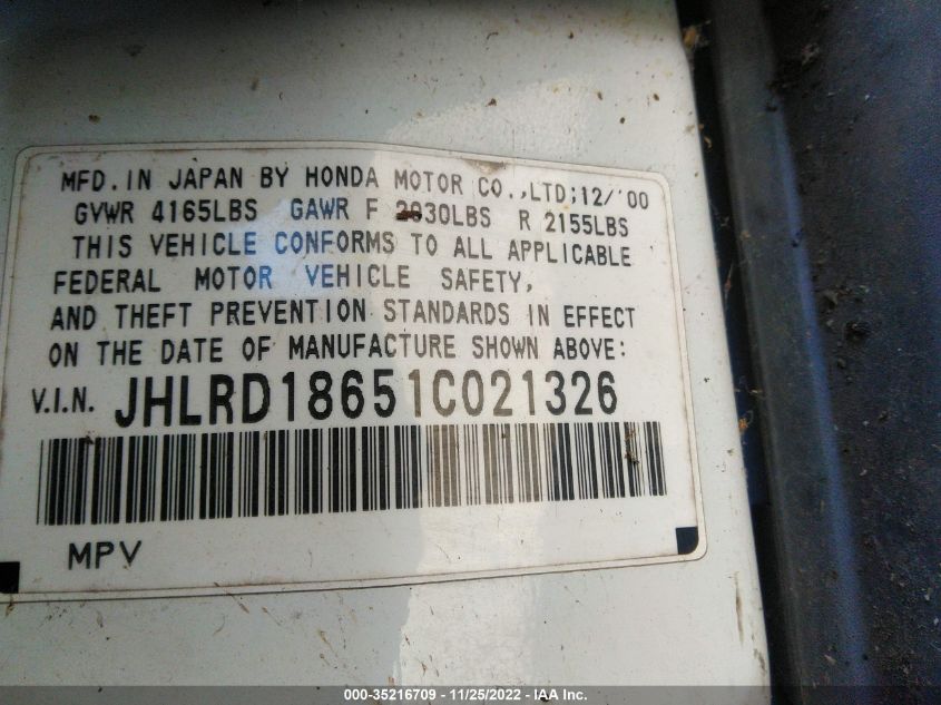 JHLRD18651C021326 2001 Honda Cr-V Ex