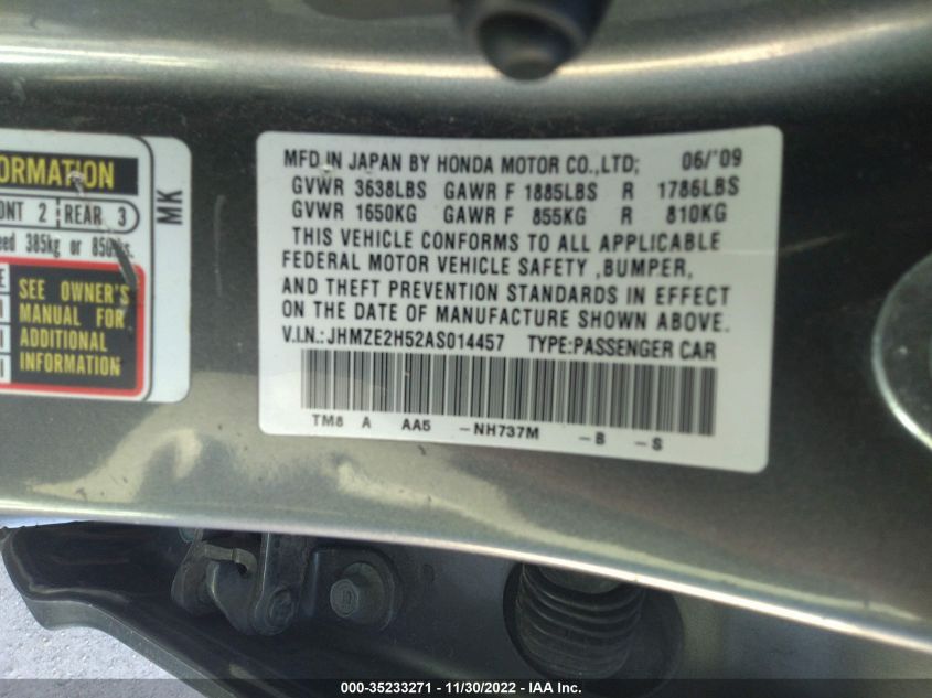 JHMZE2H52AS014457 2010 Honda Insight Lx