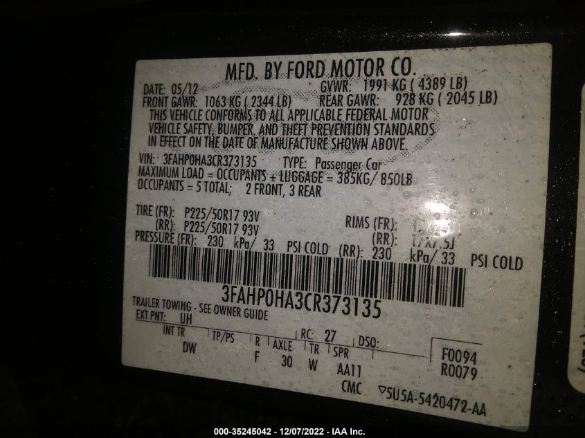 3FAHP0HA3CR373135 2012 Ford Fusion Se