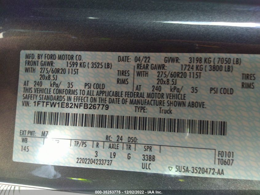 2022 Ford F-150 Lariat VIN: 1FTFW1E82NFB26779 Lot: 35253775