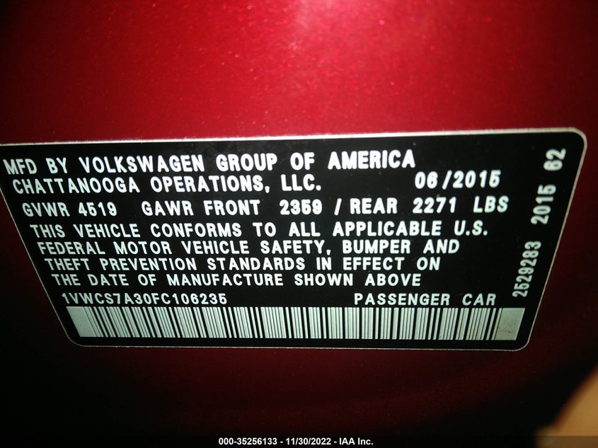 1VWCS7A30FC106235 2015 VOLKSWAGEN PASSAT photo no. 9