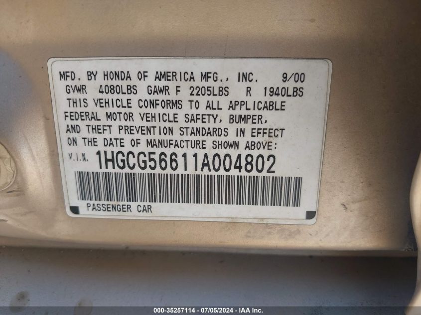 2001 Honda Accord Sdn Ex W/Leather/Ex VIN: 1HGCG56611A004802 Lot: 35257114