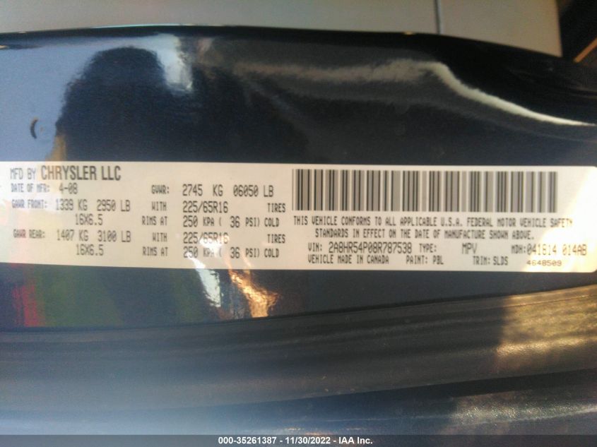 2008 Chrysler Town & Country Touring VIN: 2A8HR54P08R787538 Lot: 35261387