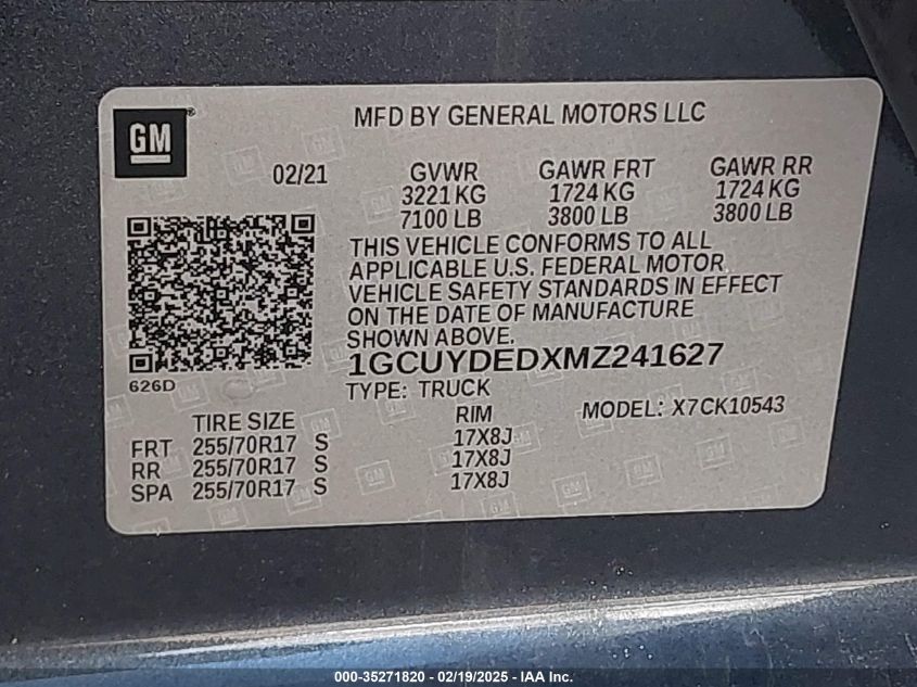 2021 Chevrolet Silverado 1500 4Wd Short Bed Lt VIN: 1GCUYDEDXMZ241627 Lot: 35271820