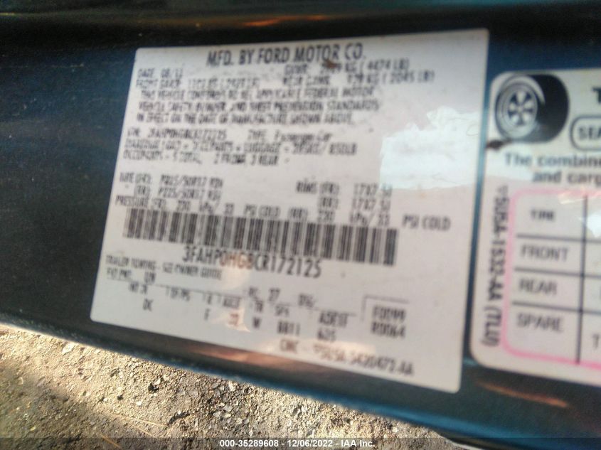 2012 Ford Fusion Se VIN: 3FAHP0HG8CR172125 Lot: 35289608