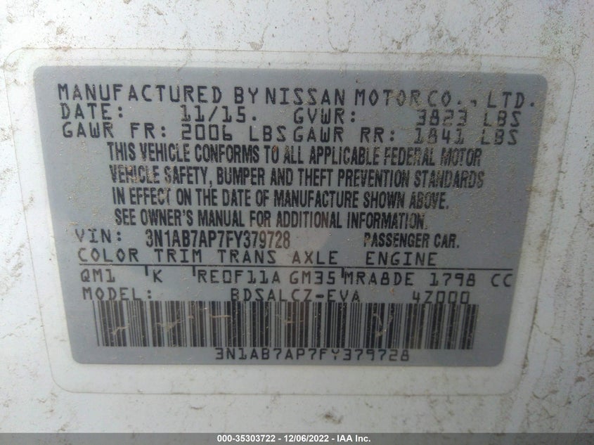 2015 Nissan Sentra S VIN: 3N1AB7AP7FY379728 Lot: 35303722