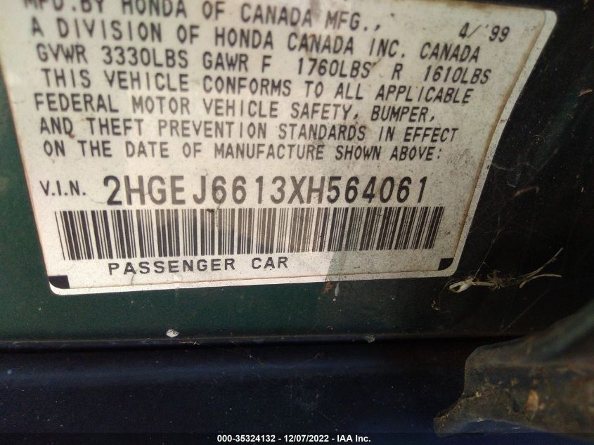 1999 Honda Civic Value Package VIN: 2HGEJ6613XH564061 Lot: 35324132