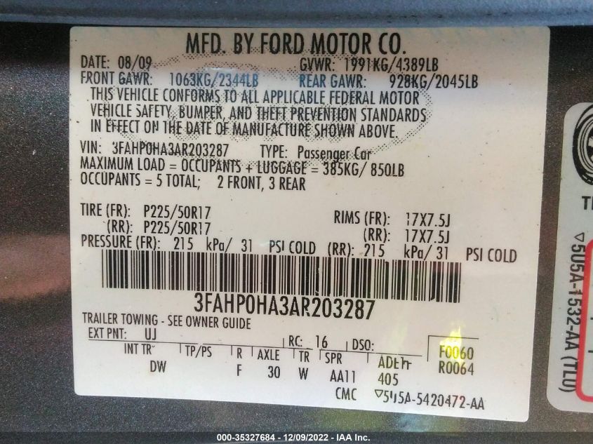 2010 Ford Fusion Se VIN: 3FAHP0HA3AR203287 Lot: 35327684