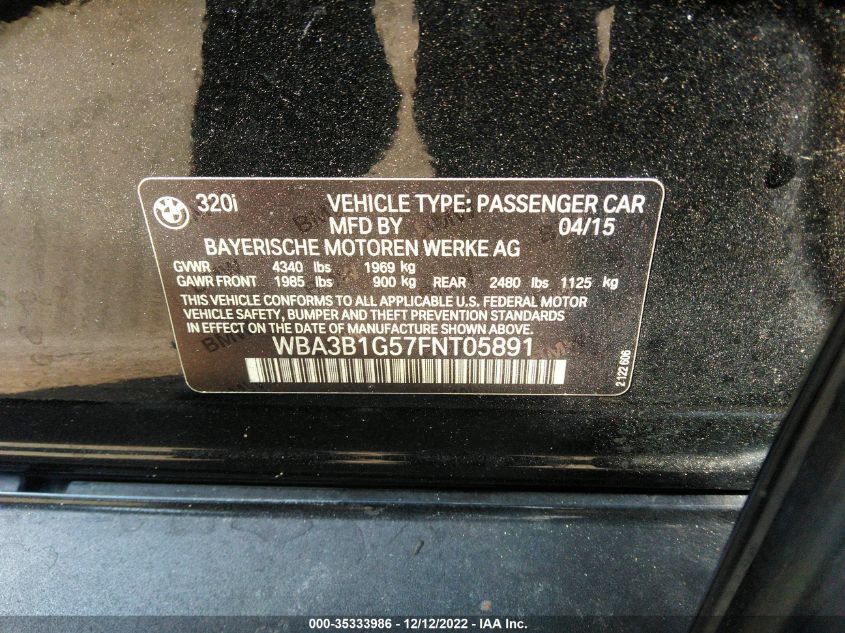 2015 BMW 320I VIN: WBA3B1G57FNT05891 Lot: 35333986