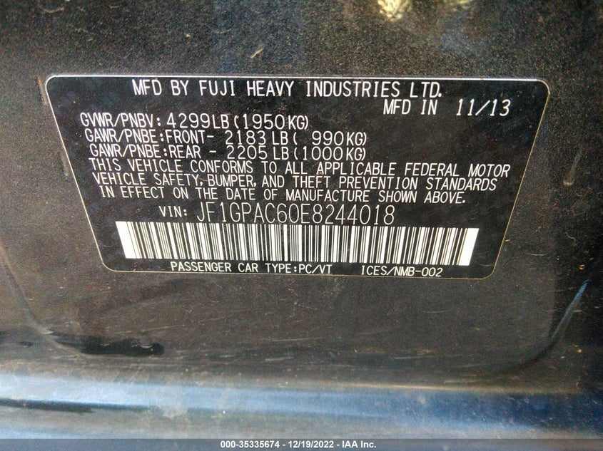 2014 SUBARU IMPREZA VIN: JF1GPAC60E8244018