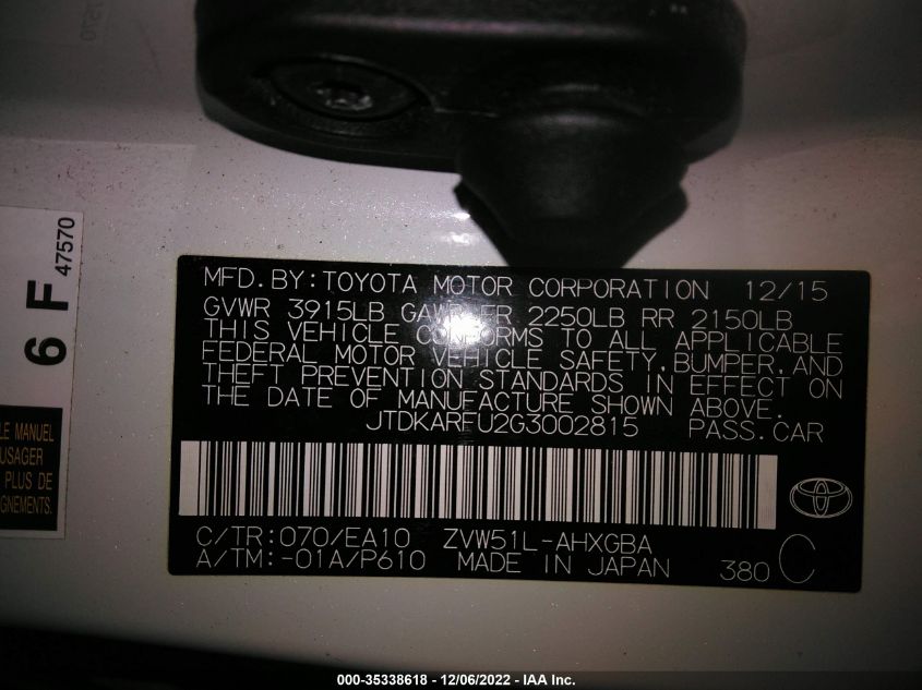 JTDKARFU2G3002815 2016 Toyota Prius Four