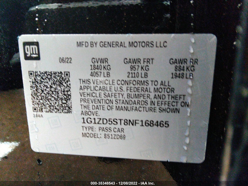 2022 CHEVROLET MALIBU VIN: 1G1ZD5ST8NF168465