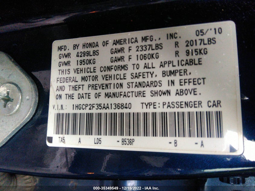 2010 HONDA ACCORD VIN: 1HGCP2F35AA136840