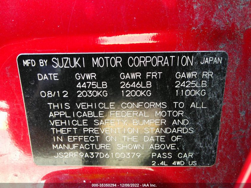 VIN JS2RF9A37D6100379 2013 Suzuki Kizashi, SE no.9