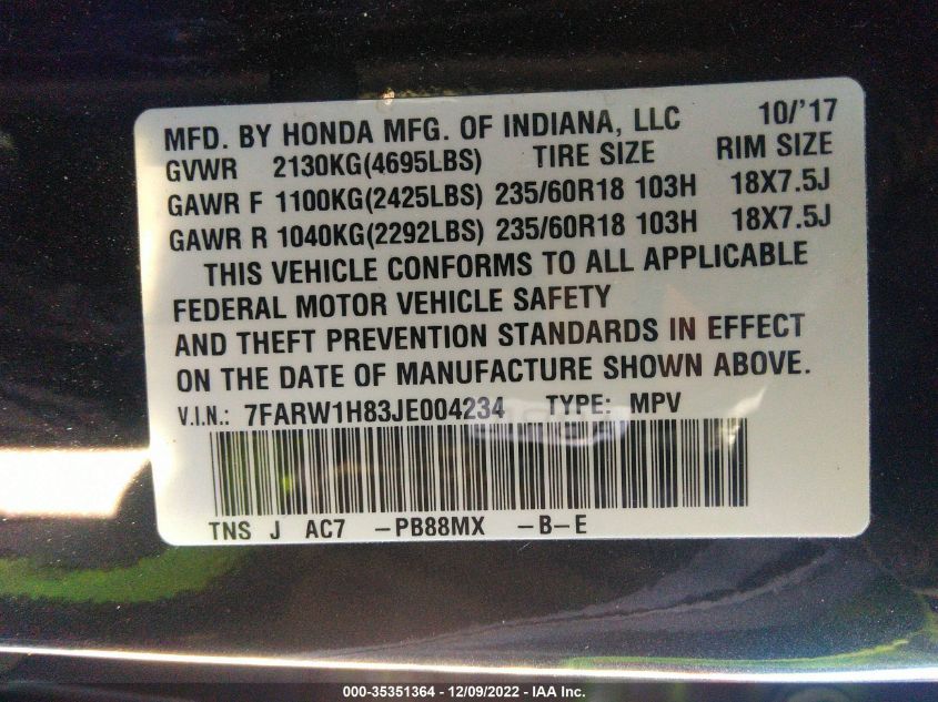 2018 Honda Cr-V Ex-L VIN: 7FARW1H83JE004234 Lot: 35351364