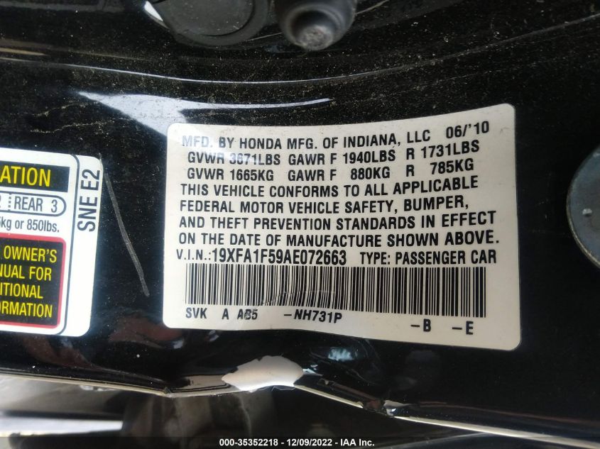 19XFA1F59AE072663 2010 Honda Civic Lx