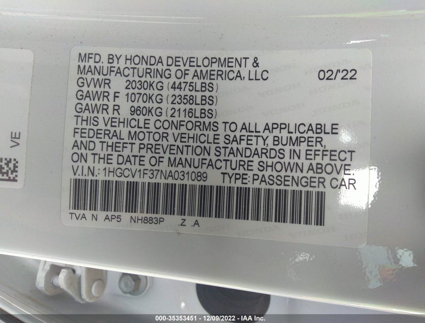 1HGCV1F37NA031089