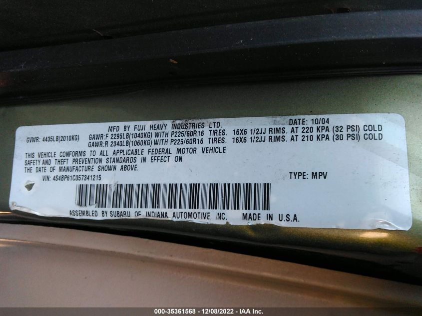 4S4BP61C057341215 2005 Subaru Outback 2.5I