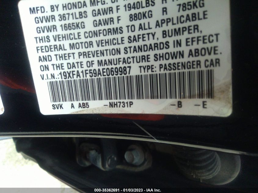 19XFA1F59AE069987 2010 Honda Civic Lx