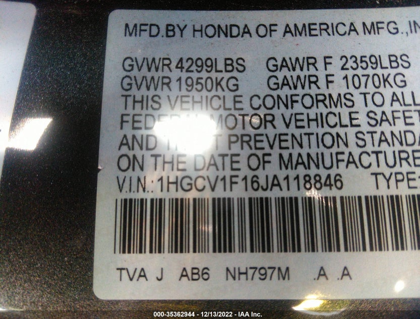 1HGCV1F16JA118846