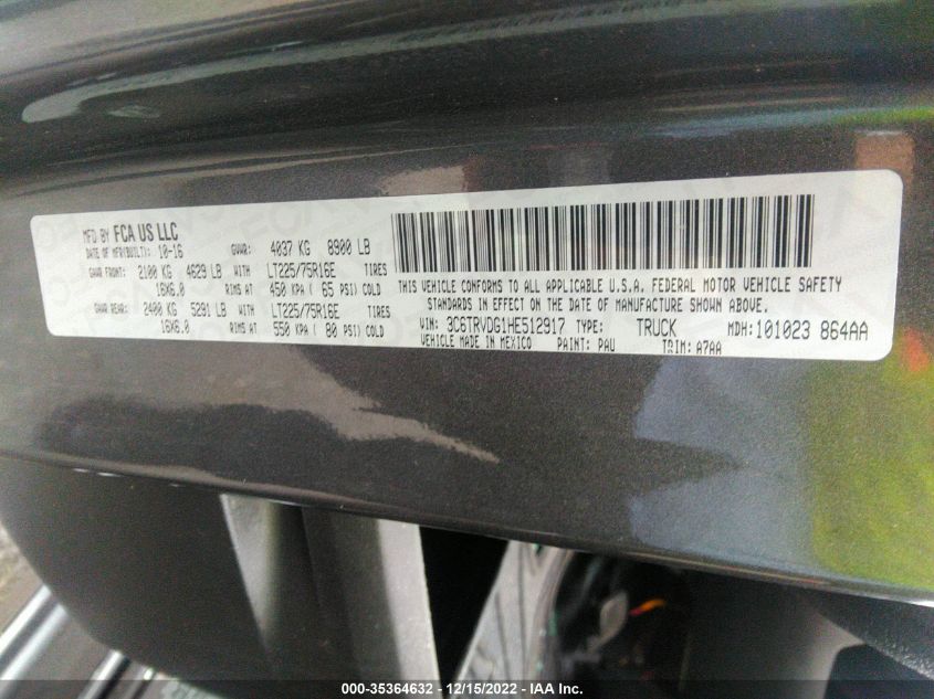 2017 Ram Promaster 2500 VIN: 3C6TRVDG1HE512917 Lot: 35364632