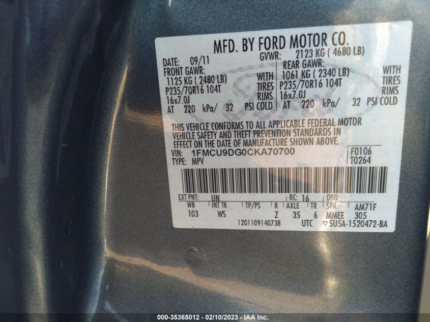 1FMCU9DG0CKA70700 2012 Ford Escape Xlt