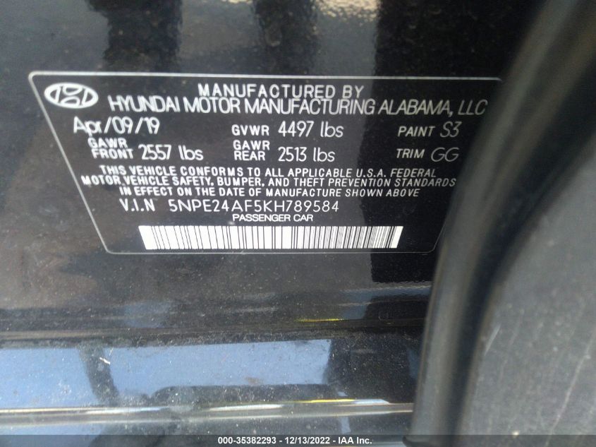 5NPE24AF5KH789584 2019 Hyundai Sonata Se