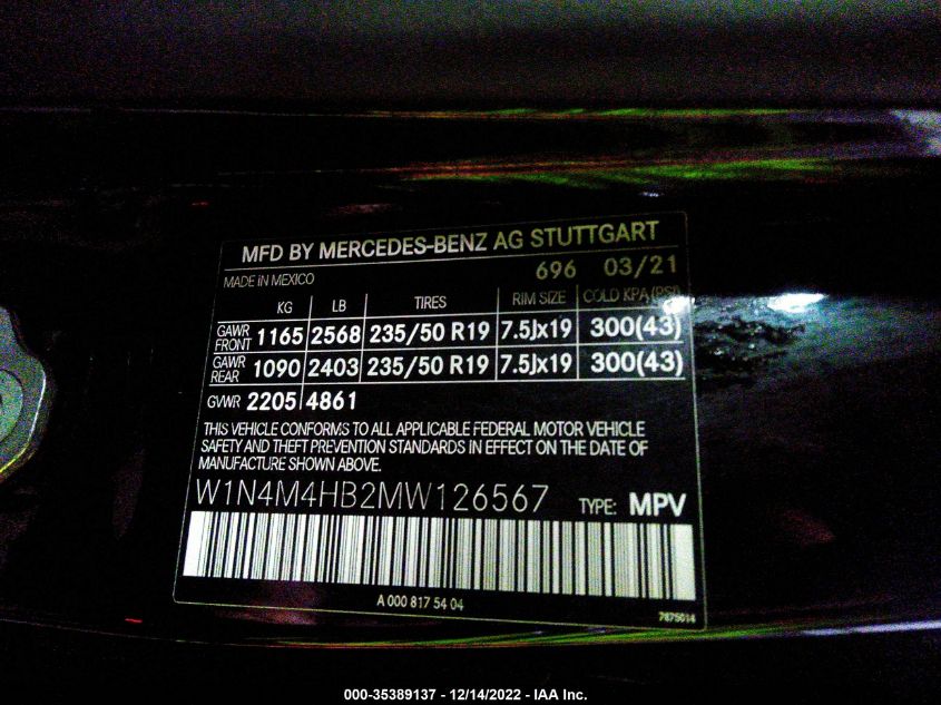 W1N4M4HB2MW126567 2021 Mercedes-Benz Glb 250