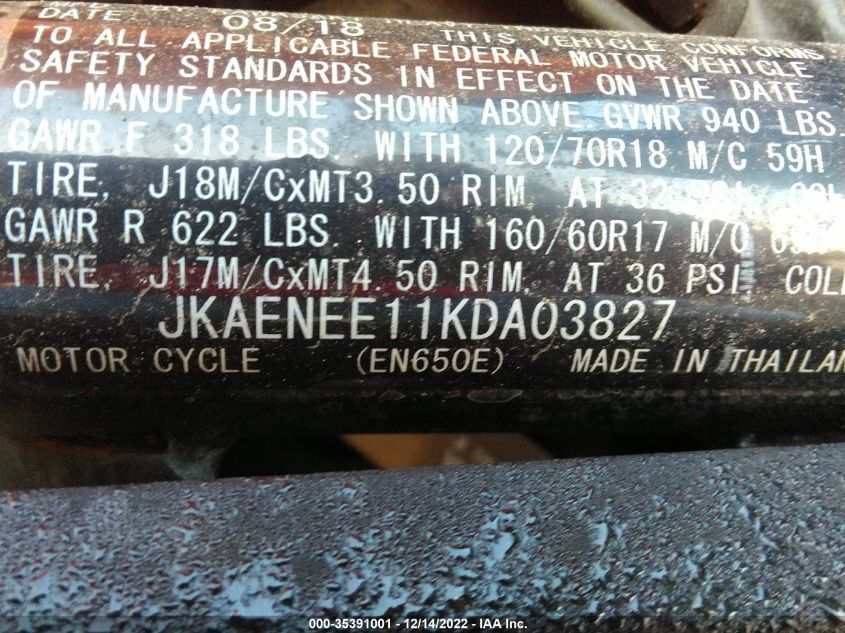 2019 Kawasaki En650 E VIN: JKAENEE11KDA03827 Lot: 35391001