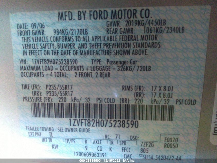 1ZVFT82H075238590 2007 Ford Mustang Gt Deluxe/Gt Premium