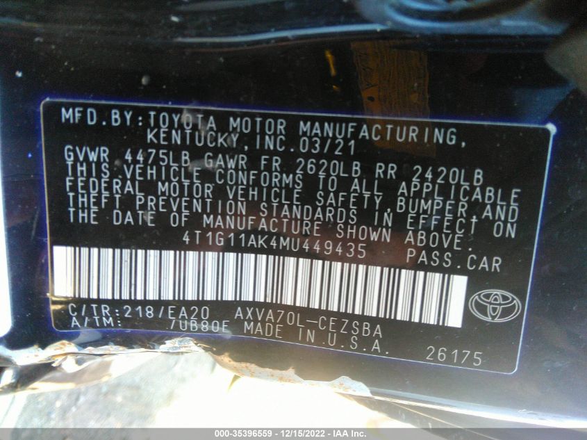 4T1G11AK4MU449435 2021 Toyota Camry Se