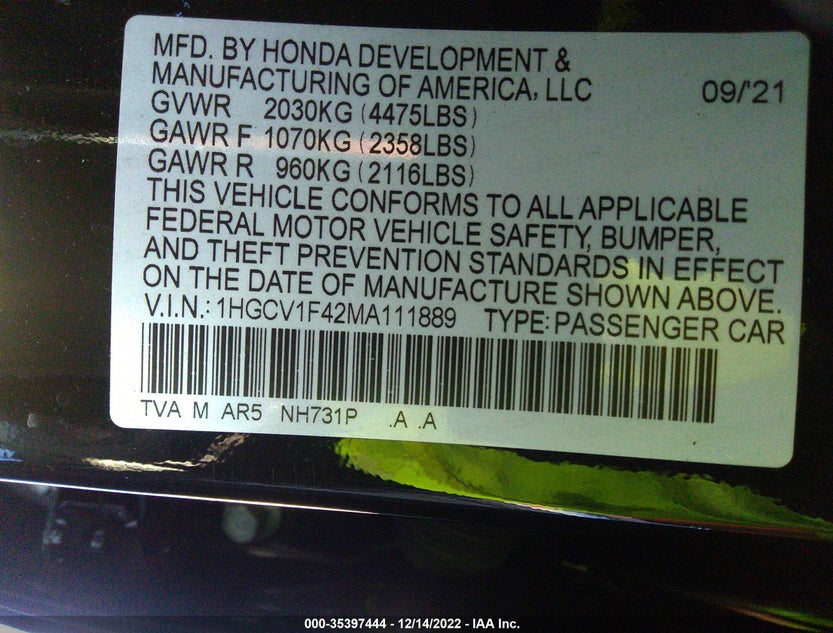 1HGCV1F42MA111889