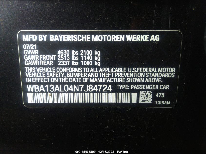 2022 BMW M235I Gran Coupe xDrive VIN: WBA13AL04N7J84724 Lot: 35403809