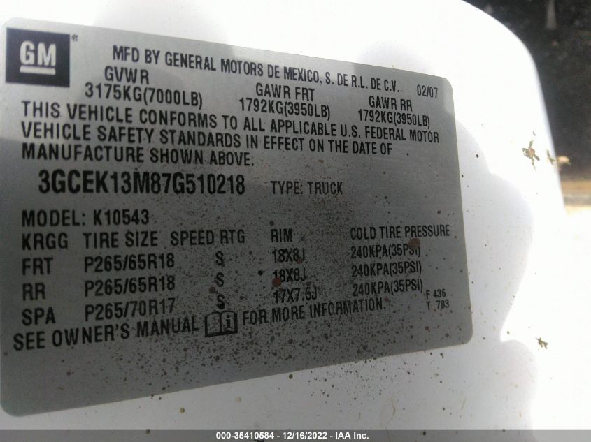 2007 Chevrolet Silverado 1500 Lt2 VIN: 3GCEK13M87G510218 Lot: 35410584