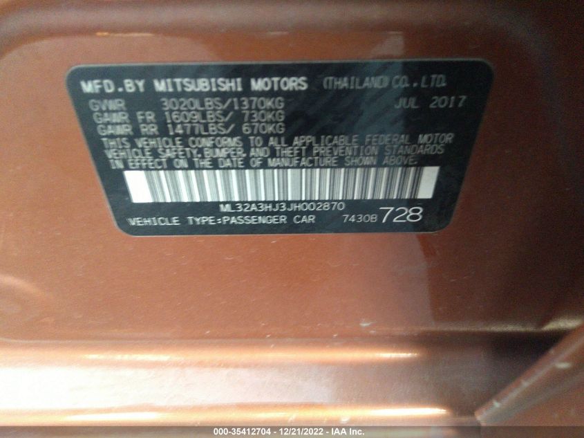 ML32A3HJ3JH002870 2018 Mitsubishi Mirage Es