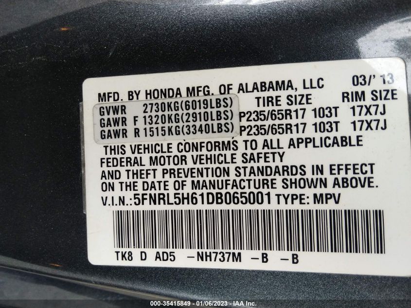 2013 Honda Odyssey Ex-L VIN: 5FNRL5H61DB065001 Lot: 35415849