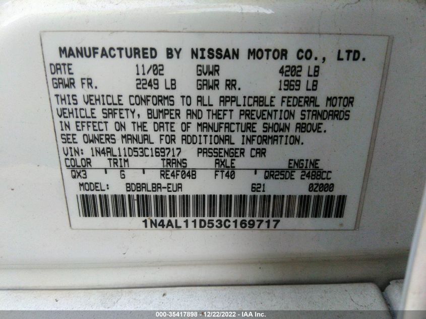 1N4AL11D53C169717 2003 Nissan Altima S